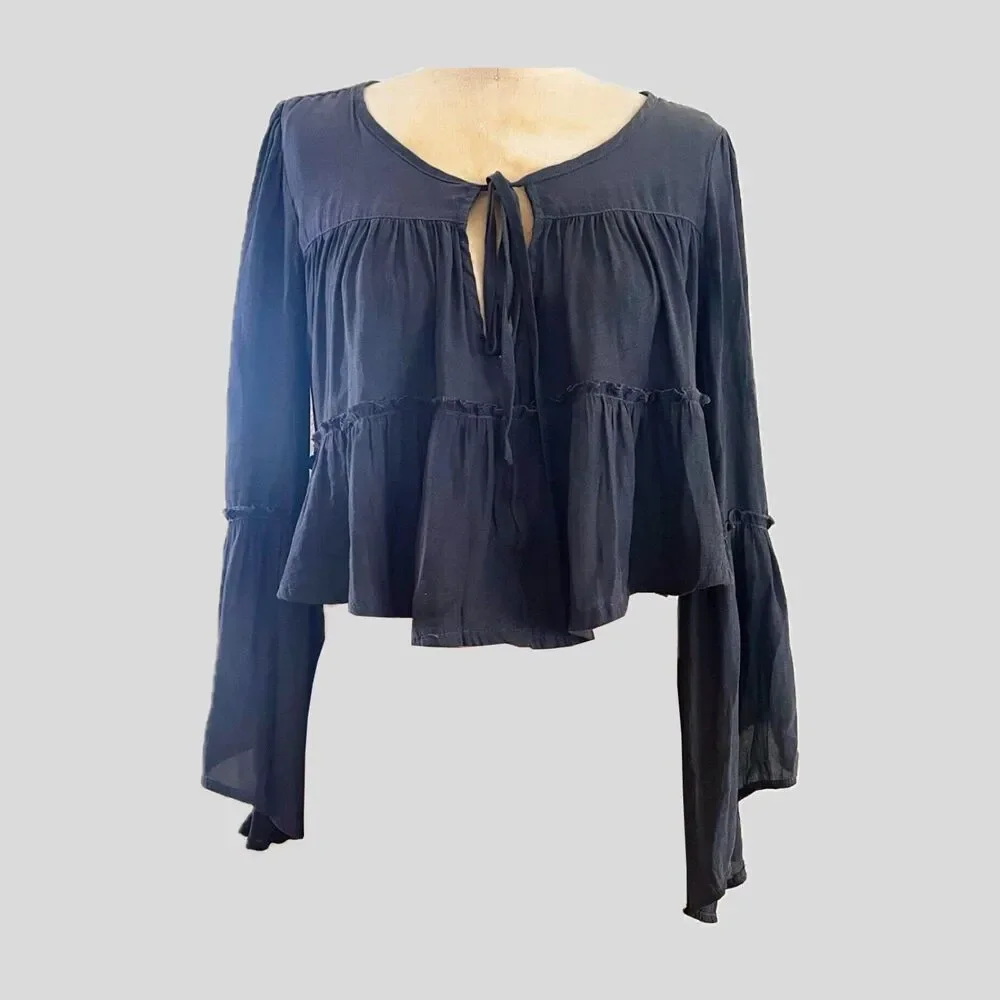 Free People Gray Cropped Long Bell Sleeve Casual Boho Top Blouse Womens S